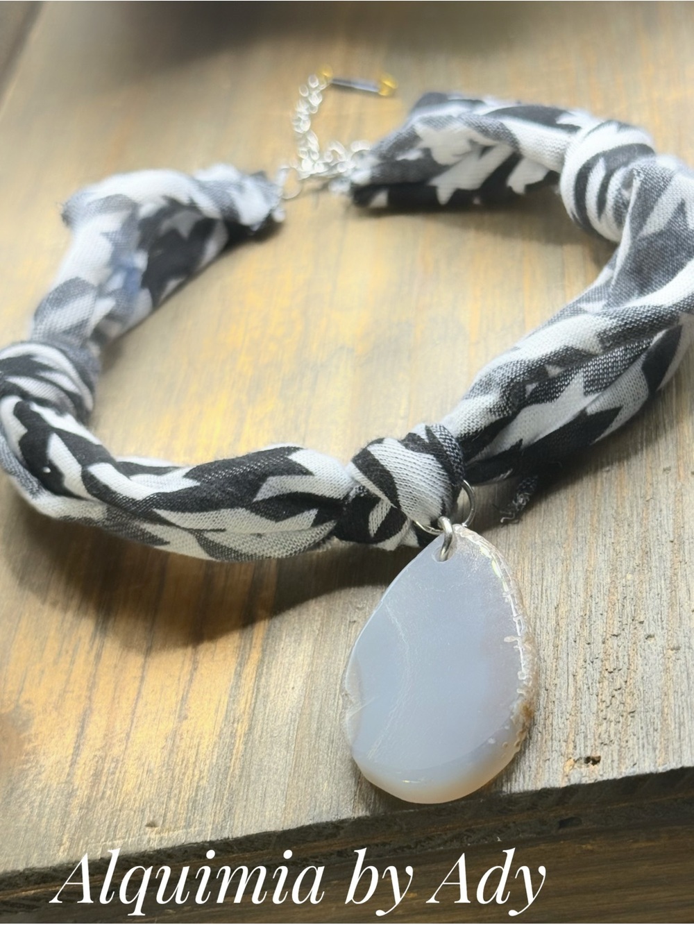 Black and White Fabric Choker with big agate Teardrop Pendant